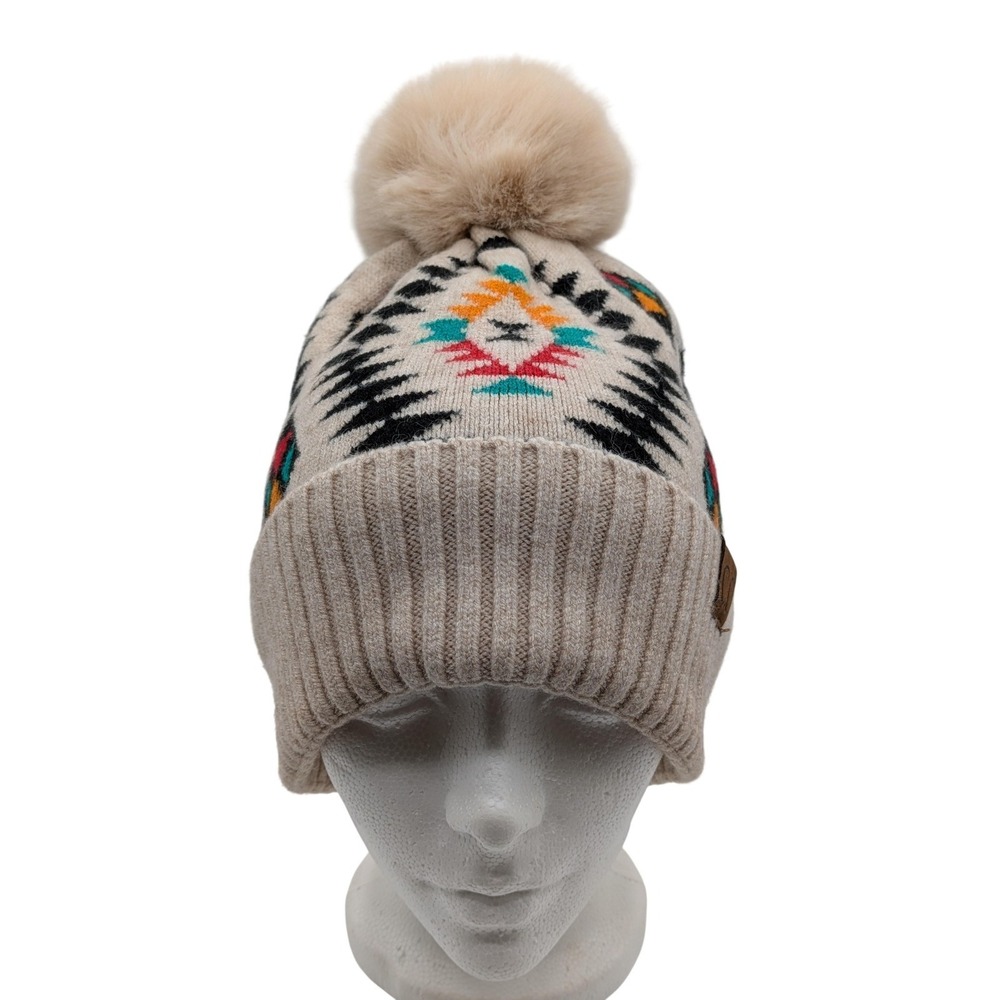 C.C Hat Beanie One Size Beige Aztec Faux Fur Pom Womens Winter Knit Lined